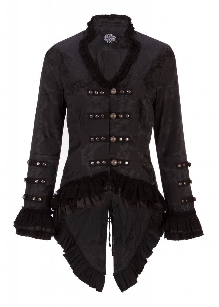 Womens Black Brocade Gothic Steampunk Floral Pirate Coat Tail