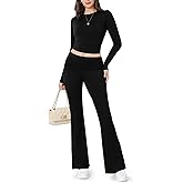 ZOOSIXX Lounge Sets for Women - 2 Piece Outfits Crop Tops with Fold Over Flare Leggings Fall Loungewear Fitted Pajama Sets