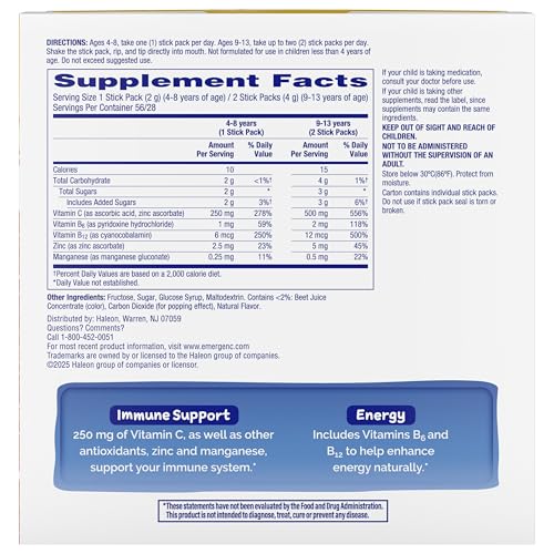 EMERGEN-C KIDZ CRYSTALS, ON-THE-GO EMERGEN-C IMMUNE SUPPORT SUPPLEMENT WITH VITAMIN C, B VITAMINS, ZINC AND MANGANESE, SPARKLY STRAWBERRY, STOCKING STUFFER – 56 STICK PACKS