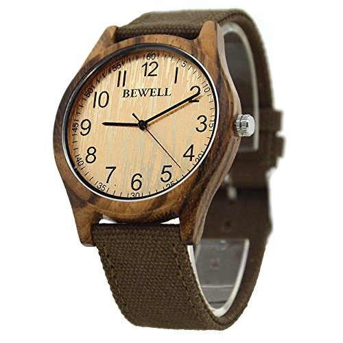 Bewell Men Bamboo Wood Watch with Canvas Band Lightweight Quartz Simple Casual Wristwatch