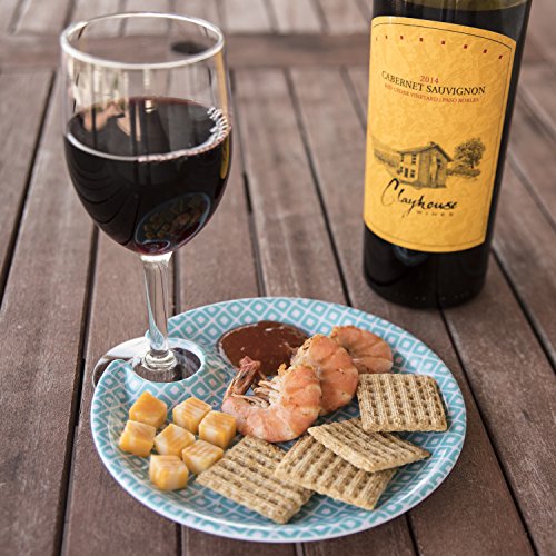 Set of 4 APPETIZER PLATES - 7" Melamine Plates with WINE GLASS HOLDER for Parties and Entertaining - Great for Appetizers, Salads or Desserts - Lightweight and Dishwasher Safe (Summer)
