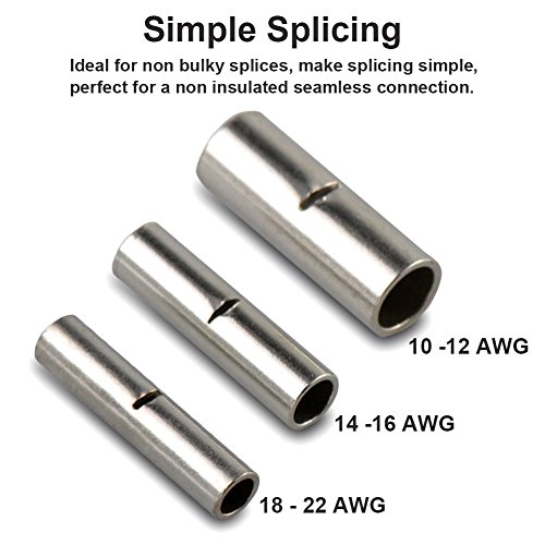 220pcs Non-Insulated Butt Connectors, 22-18/16-14/12-10 AWG Gauge Uninsulated Electrical Wire Ferrule Cable Crimp Terminal Kit with Storage Case for DIY by MILAPEAK