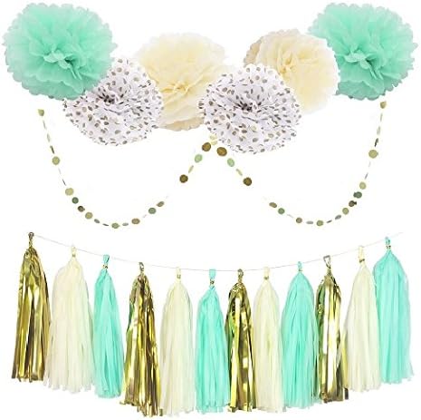 Cherry Down Mint Green Cream Gold and White 20pcs Party Decoration Set with Tissue Paper Tassels, Pom Pom Puffs and Dot Garlands