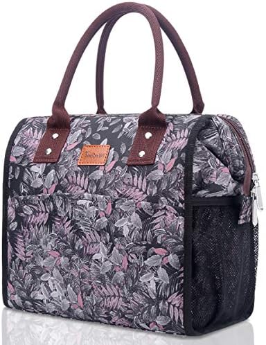 Lunch Bag for Women, TianQin WY Insulated Large Lunch Bag with Wide Opening, Lunch Tote Bag Lunch Box Cooler Bag Lunch Organizer for Women Adults (black flower)