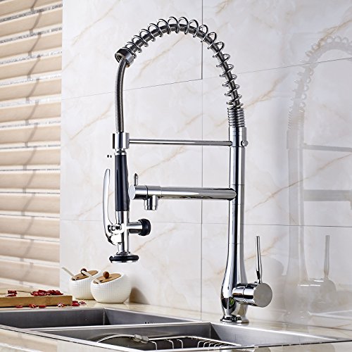 Senlesen Deck Mounted Commercial Style Pre-rinse Spring Kitchen Sink Faucet with Pull Down Sprayer Chrome Polished