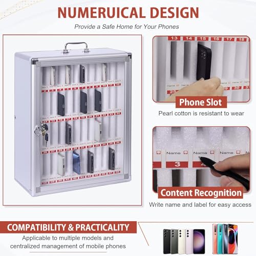 ybaymy 48 Slots Cell Phone Locker Cabinet Aluminum Alloy Pocket Chart Locker Box Wall-Mounted/Freestanding Cell Phones Storage Cabinet with Lock and Handle for Classroom Office Conference Gym