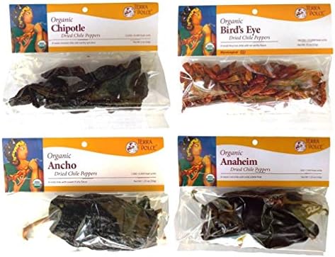 Terra Dolce Organic Dried Chili Peppers 4 Flavor Variety Bundle: (1) Chipotle Chile Pods, (1) Bird's Eye Chile Pods, (1) Ancho Chile Pods, and (1) Anaheim Chile Pods, .75-2 Oz. Ea.
