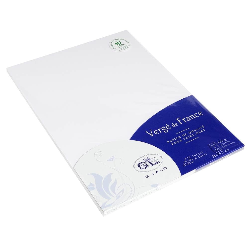 Lalo 47250L - Verge De France. Pack of 50 Sheets. Size: A4 21x29,7 cm 100g, Laid de France, Extra-White, Lined, Correspondence, Sheets, Paper Made in France