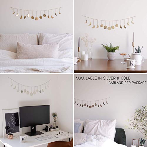 Moon Decor Wall Decorations | Boho Accents Wall Decor | Moon Phases Wall Art | Moon Phase Wall Hanging | Bohemian Decor for Bedroom, Home, Living Room, Apartment or Dorm (Long Garland, Silver Metal) - Thumbnail 7