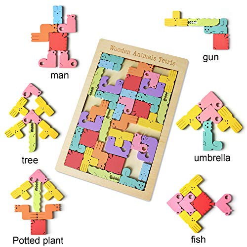 Wooden Tetris Puzzle Brain Teasers Toy,Tangram Jigsaw Puzzle, Stem Toys with Colorful 3D Russian Blocks,Montessori Educational Gift for Kids & Adults (40 PCS)