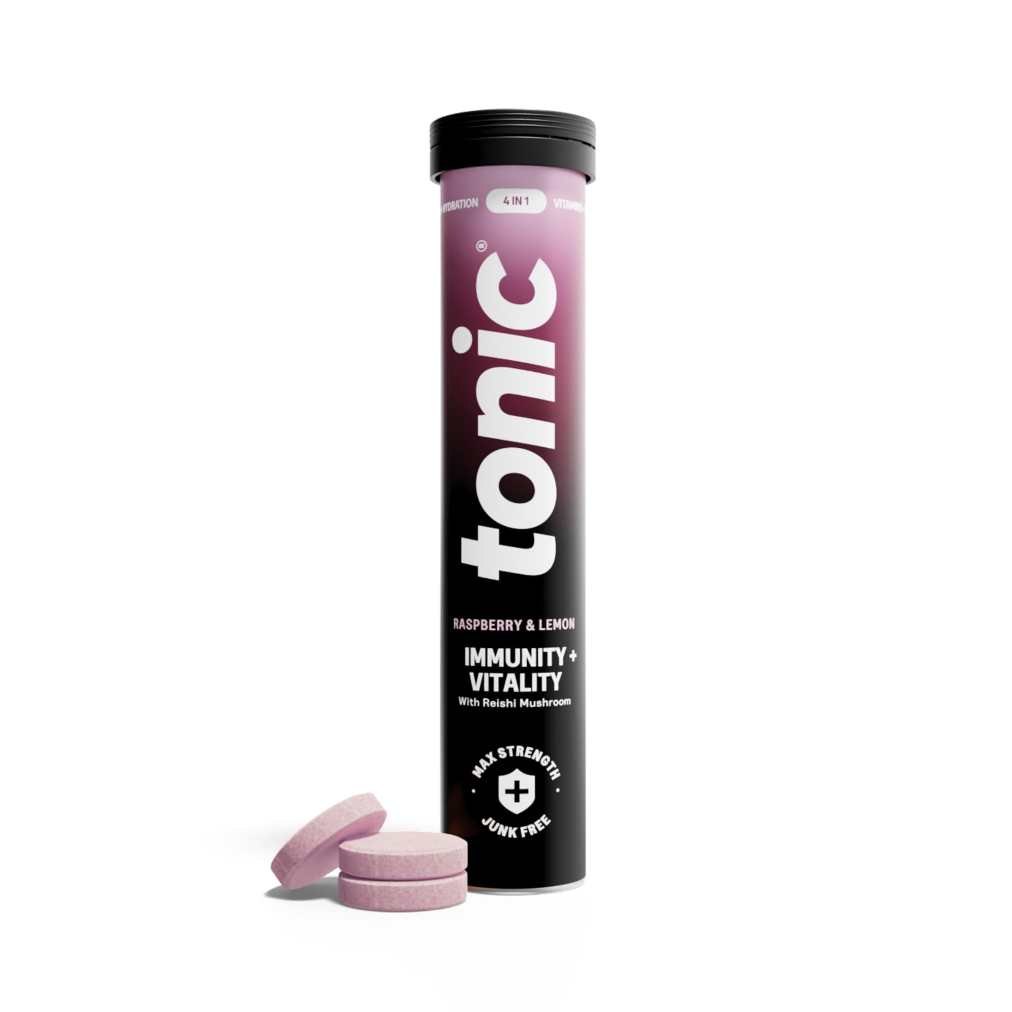 Tonic Health Daily Immunity Tablets - 4-in-1 Effervescent Multivitamins, Minerals & Phytonutrients - Vitamin D, Vitamin C and Zinc - Vegan, No Sugar- Max Strength Tablets, Raspberry & Lemon, 20 Count