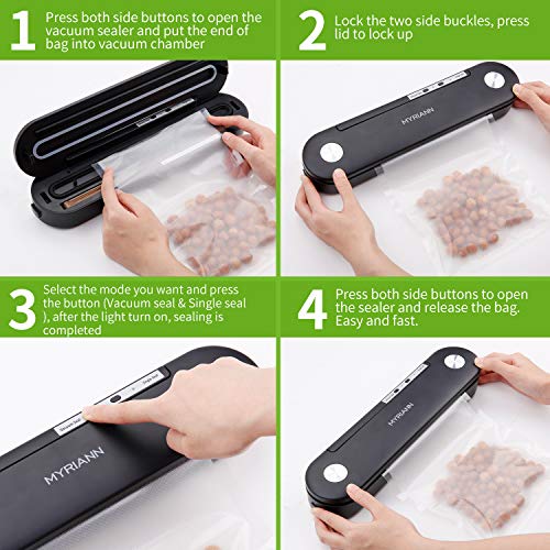 Vacuum Sealer, MYRIANN Automatic Food Sealer Machine for Food Preservation w/Starter Kit，Vacuum Air Sealing System with Compact Design/Dry & Moist Food Modes/Sous Vide Cooking (Black) - Thumbnail 5