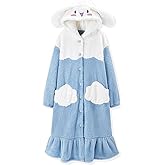 MEOKIM Women's robe button bathrobe Women's hoodie coat plush warm pajamas Long sleepwear with cute pattern pocket pajamas
