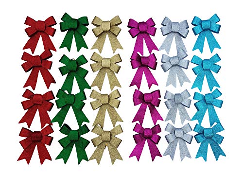 Christmas Glitter Bows- Pack of 24 Multi-Color Holiday Ribbons Bows Size 6.5 X 5.5 Inches. for Decorating Home, Trees, Wreaths and Gifts