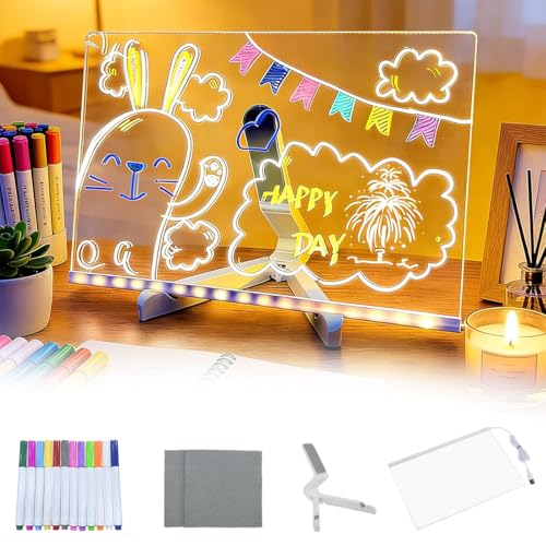 DIY LED Note Board, Acrylic Dry Erase Glowing Board with Adjustable Stand & 12 Colourful Markers Light Up Memo Message Boards Night Light Doodle Luminous Drawing Boards for Home Office Gift Festival