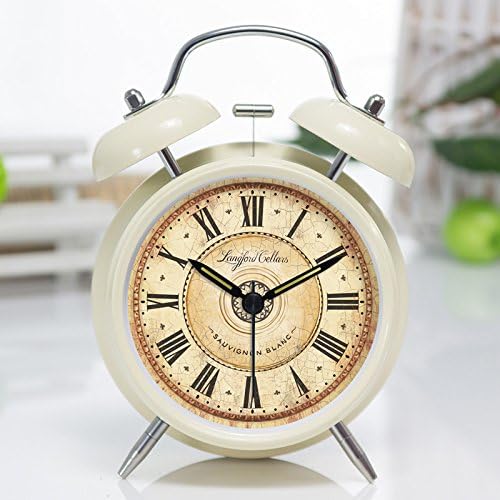 VIVISKY(TM) Multi-style 4-inch Retro Twin Bell Silent Non Ticking Alarm Clock (Nightlight milk white)