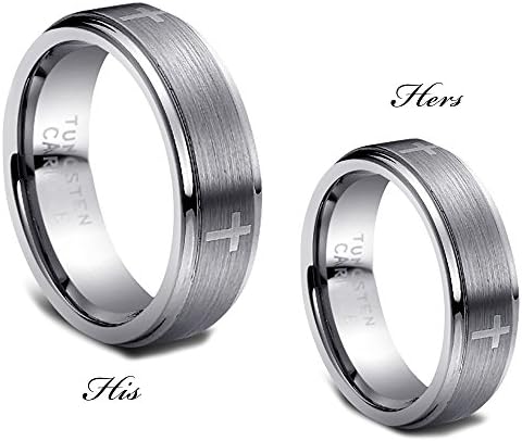 EngraveKING Free Laser Engraving - His &amp; Hers Tungsten Ring Matching Band Set 7MM Matte Brushed With Engraved Cross