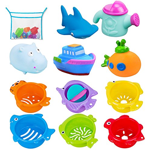 INNOCHEER Bath Toys and Stacking Cups for Toddlers with Quick Dry Organizer Net-12 Pcs Early Educational Toy for Bathtub Game, Beach and Pool Party