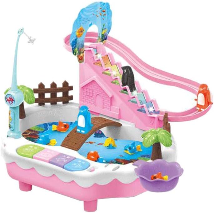 Magnetic Fishing Toy Pool Set Children's Puzzle Game Small Penguin Climb Stairs (Color : Pink, Size : Battery Rechargeable)