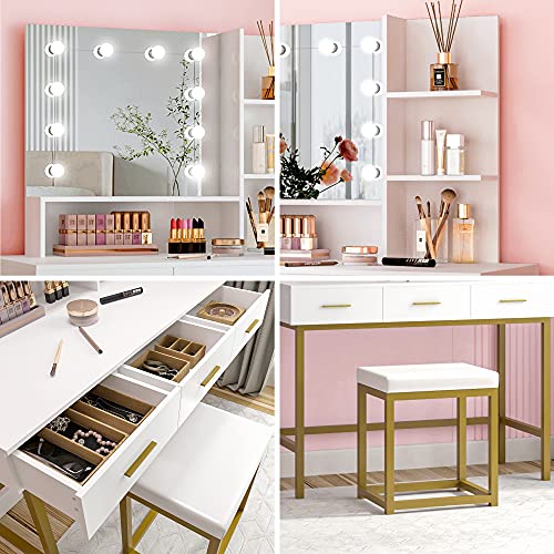 POVISON Vanity Desk, Vanity Table Set with Lighted Mirror, 10 Light