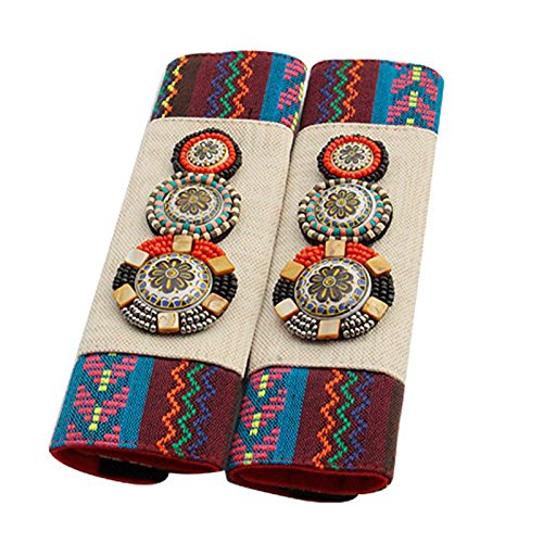 Wishlanlan Auto Car Seat Belt Cover Tibetan Style Cotton&Linen Seat Shoulder Pad Cushion Strap Covers 2 Pcs One Pair (Beige)