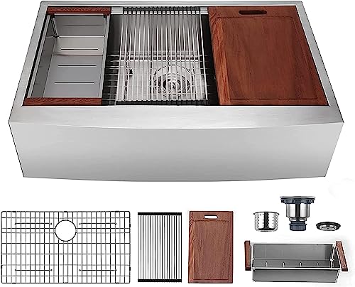 30 inch Farmhouse Kitchen Sink, Hausinluck Stainless Steel Workstation Farmhouse Sink, Handmade Modern Apron-front Single Bowl Farm Kitchen Sinks with Integrated Ledge and Accessories (Pack of 5)