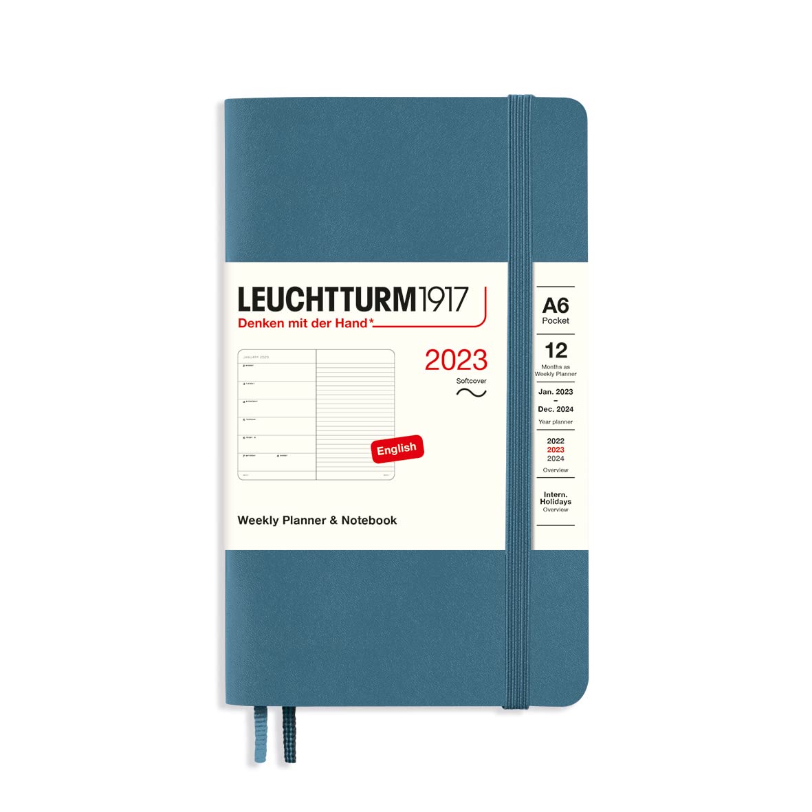 LEUCHTTURM1917 365927 Weekly Calendar & Notebook Softcover Pocket (A6) 2023, 12 Months, Stone Blue, English