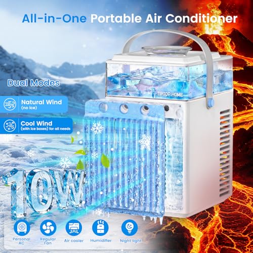 5 in 1 Mini Mobile Air Conditioner, Portable Fan, Air Conditioner Fan with 3 Speeds and 3 Mist Modes, APP Control, No Evacuation Air Conditioners for Room Car, 6 Ice Cubes