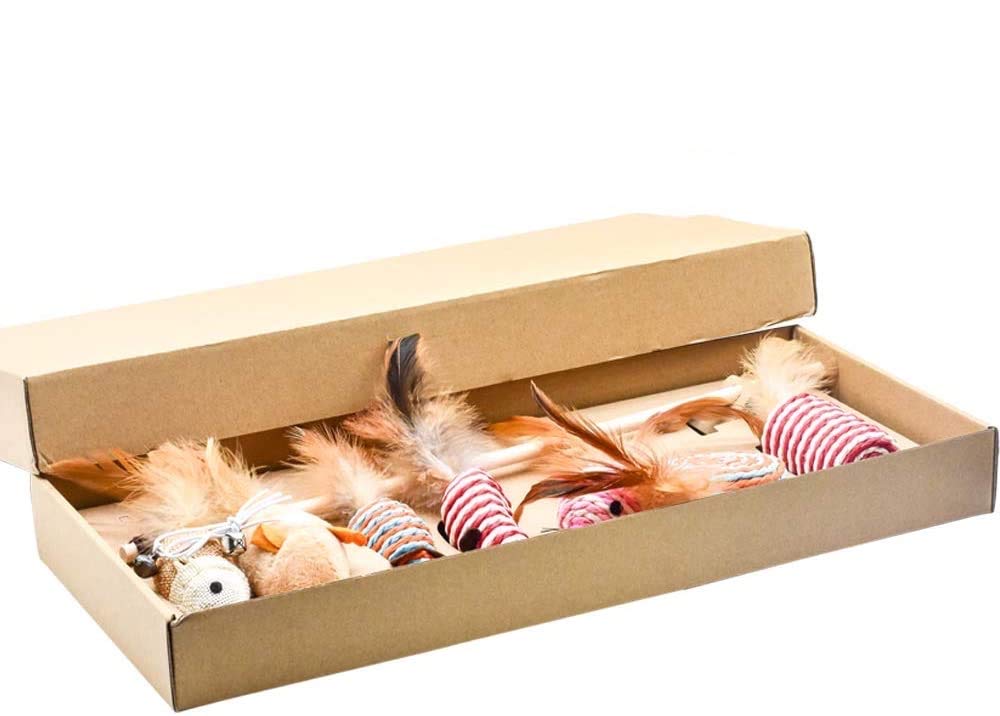 Happy Fox 7 PCS Cat Feather Toys, with Wooden Wand handle and 6 Feather/Plush Attachments, Interactive Cat Toy Wand for Indoor Cat and Kitten