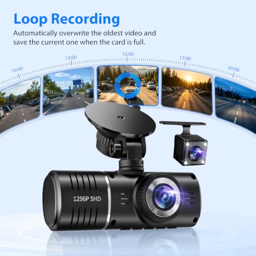 Dash Cam Front and Rear, 1296P Dash Camera for Cars, 3 Channel Car Camera Front Rear and Inside with 32GB Card, Loop Recording, Night Vision, HDR, 24Hr Parking, G-Sensor