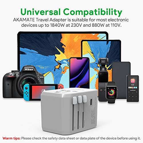 Travel Adapter, AKAMATE International Universal Power Wall Charger with 4 USB, 1 USB C, Smart IC, All in One Adapter for Europe, UK, US, AU, Asia and More
