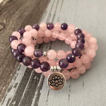 Lotus Mala Bracelet with 108 Pink Quartz and Amethyst Beads