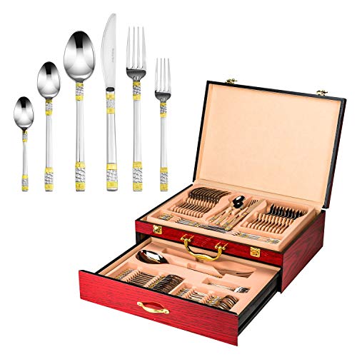 Italian Collection 'Luxor', 75-Piece Premium 18/10 Surgical Stainless Steel Silverware, Flatware Set, Service for 12, Gold-Plated Hostess Serving Set in a Wooden Case