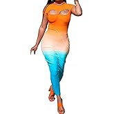 Womens Sexy Short Sleeve O Neck Tie Dye Printed Cut Off Bodycon Party Clubwear Dress