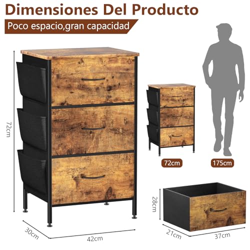 FURRIFIC Cómoda Gran Capacidad de 3 Cajones,70 * 40 * 29cm,Marrón | Cajonera para Recamara,Ropa,Hogar Y Oficina,Organizador Cajonera de Estructura Metal con Cajones de Tela