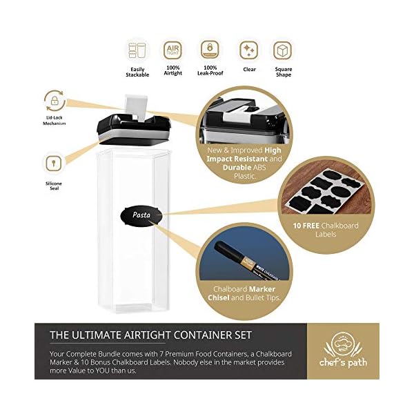 Chefs-Path-Airtight-Food-Storage-Container-Set-Labels-Marker-Kitchen-Pantry-Containers-Ideal-for-Flour-Cereal-Spaghetti-Pasta-more-Clear-Plastic-Canisters-with-Durable-Lids Chef's Path Airtight Food Storage Container Set - Labels & Marker - Kitchen & Pantry Containers - Ideal for Flour…