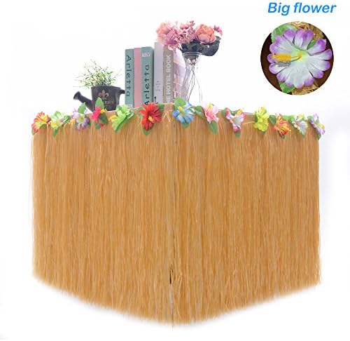 Hawaiian Table Skirt 9ft Luau Hibiscus Grass larger Flower Tablecloth for Party Decoration, Events, Birthdays, Celebration (1 Pack) (Upscale Larger Flower Straw color)