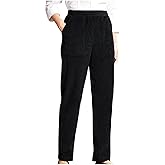 Corduroy Pants for Older Women Elastic High Waisted Pull On Soft Comfortable Loose Fit Slacks with Pockets