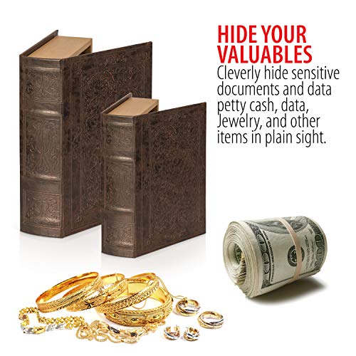 BNFUSA Safety Box 2 Piece Faux Book Safe Set, Multisizes, BROWN