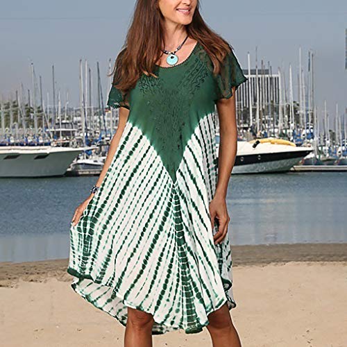 Ximandi Women's Loose O Neck Lace Print Puffy Midi Dresses Ladies Elegant Party Dress Green