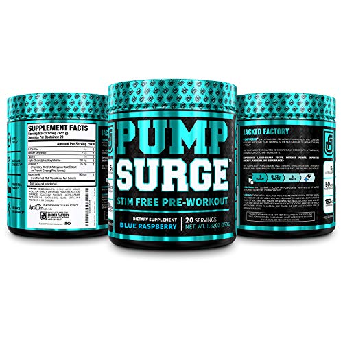 Pumpsurge Caffeine Free Pump Nootropic Pre Workout Supplement Non Stimulant Preworkout Powder Nitric Oxide Booster 20 Servings Blue Raspberry Flavor Pricepulse