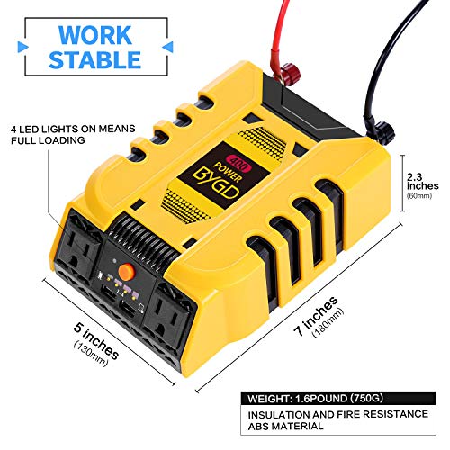 BYGD Car Power Inverter 400W 12V DC to 110V AC Converter with 2 Outlets and Dual 2.4A USB Ports Fast Car Charger Adapter(400W) - Thumbnail 3