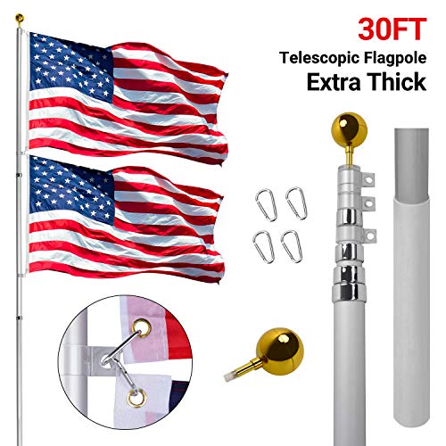 Gientan 30FT Telescopic Flag Pole, Extra Thick Heavy Duty Aluminum Flagpole Kit with 3x5 US Flag Golden Ball Top for Commercial Residential Outdoor Use, Fly 2 Flags