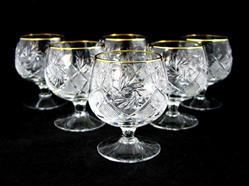 SET of 6 Russian Cut Crystal Cognac Scotch Whiskey Stemmed Snifter Goblet Glass 24K Gold Rimmed 10 Oz. Vodka Liquor Old-fashioned Glassware Hand Made
