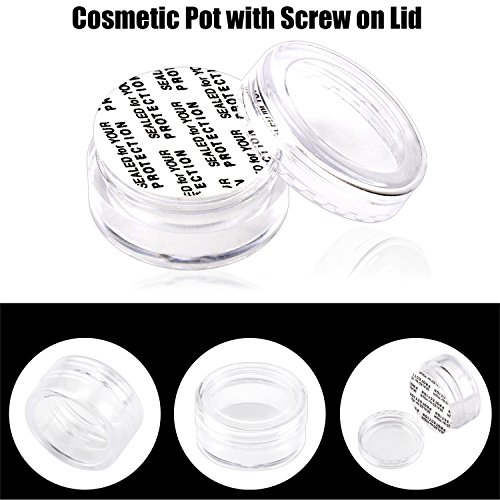 SumDirect 100Pcs 5Gram Empty Clear Plastic Cosmetic Containers Sample Packing Portable Travel Bottle Pot Jars for Cream and Lotion with a Snoop and 10Pcs White Sheer Organza Bags(Clear)