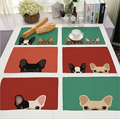 WeSurprise 6Pcs Cotton Linen Placemats Trendy Style Heat Insulation Washable Table Mats for Kitchen and Dining Room Enlarged 16.5'' x 12.5'' (LittleDog)