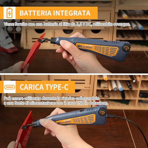 Bucasso Cordless Pen Sander, Variable Speed and USB Charging with LED Light, Multi-purpose Power Tool for Sanding, Polishing, Finishing, DIY Crafts (Blue)