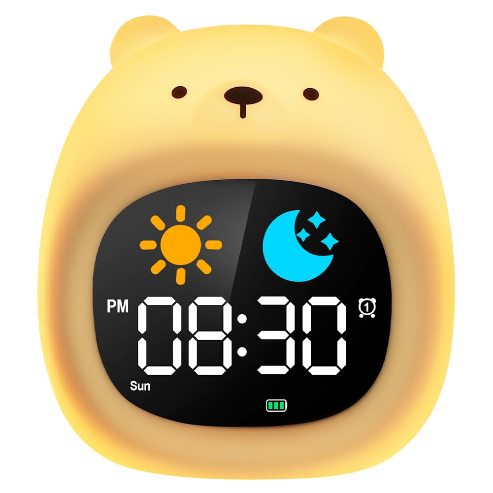 HOTUT Children's Alarm Clock, Educational Alarm Clock, Sleep Learning Alarm Clock, with Moon and Sun Display, with RGB Colour Nightlight, for 2-10 Years, Girl, Boy-Bear