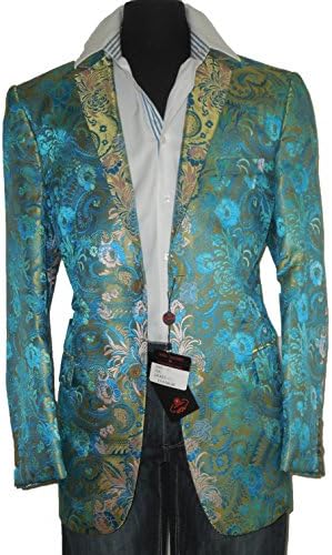 Leonardi 900 Mens Turquoise Gold 2-Button Tailored Blazer Jacket Tropical Pattern (small)