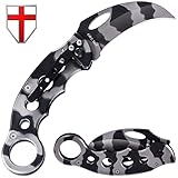 Grand Way Karambit Neck Fighting Folding Knife - Pocket Knife with Camo Blade and Handle- Best Sharp Knife with Metal Finger Ring Handle and Pocket Clip - Tiger Blur Knife for EDC Survival 6206 B